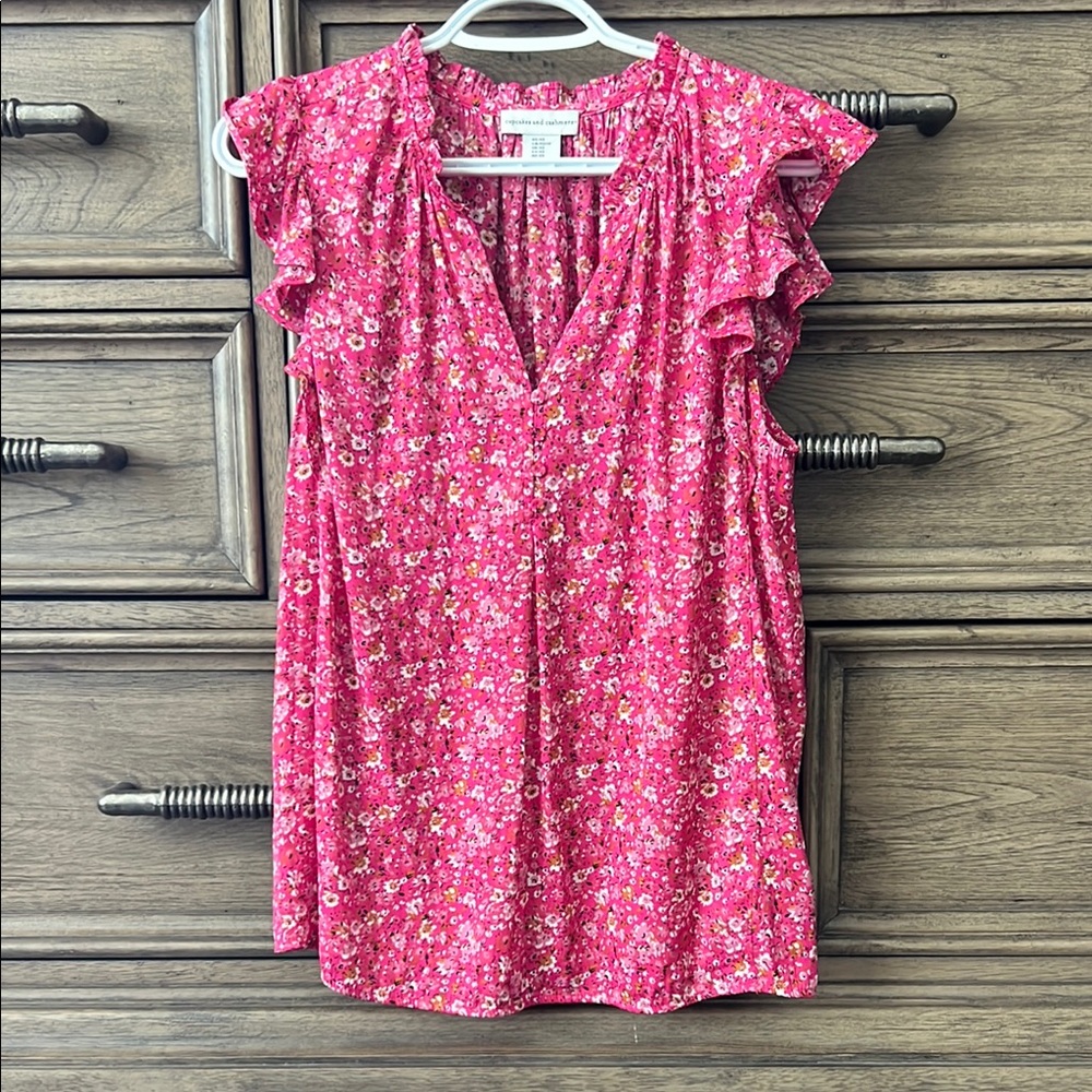 CUPCAKES AND CACHMERE Floral Pink Ruffle Sleeve Blouse